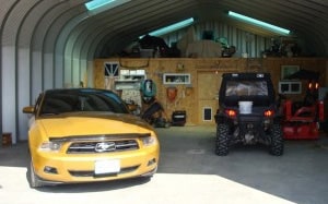 Steel Garage Building Kit, Yellow Ford Mustang and ATV