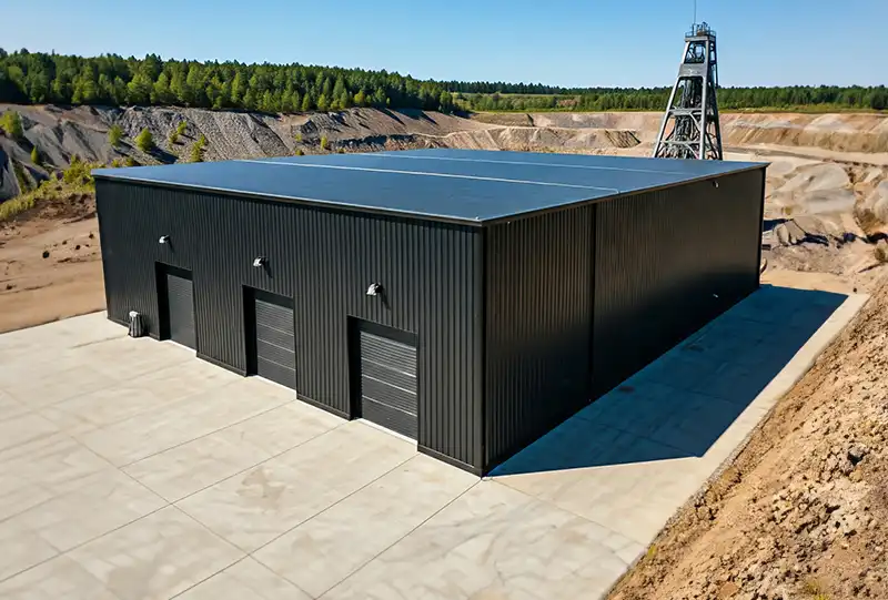 Black prefab metal building at a mine site