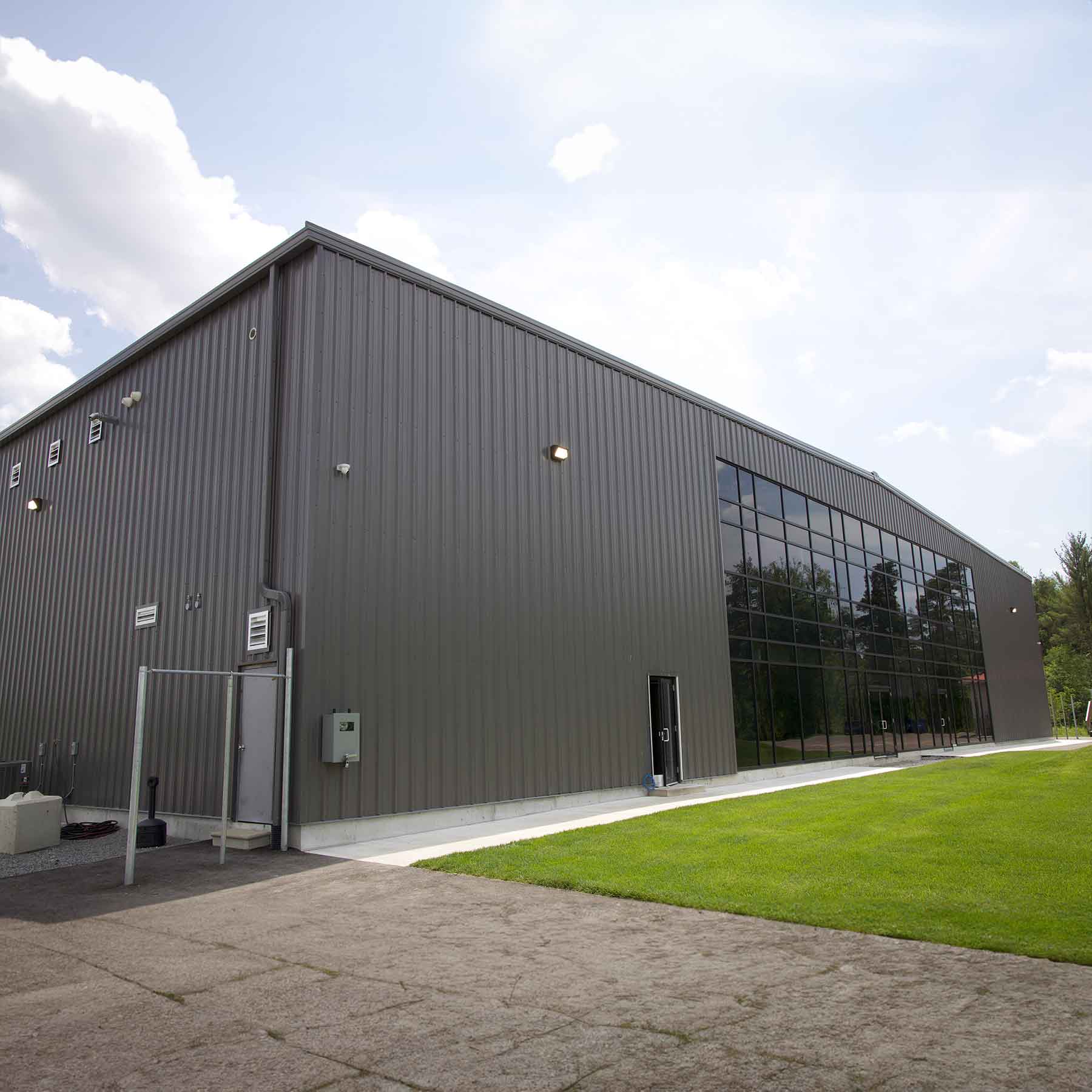 Black commercial steel building