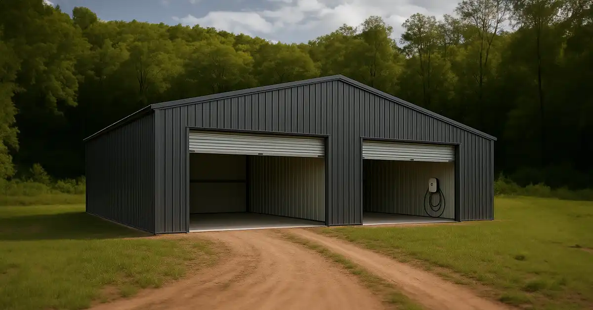 slate prefab steel garage with Electric Truck charger